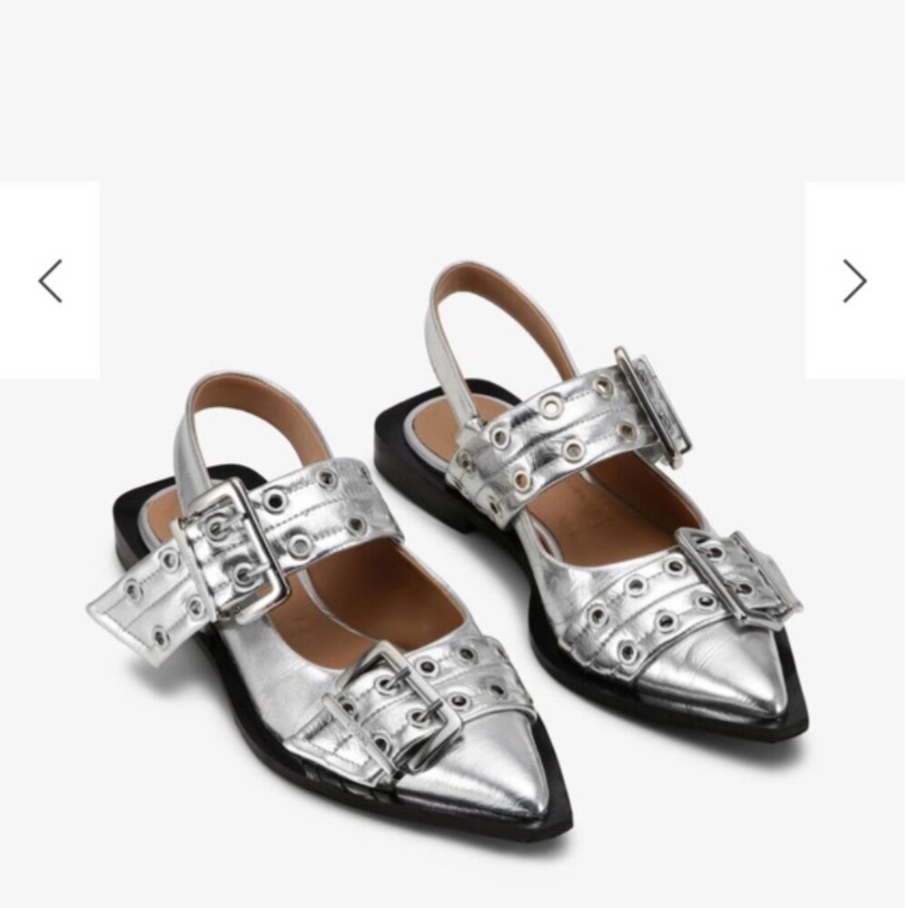Ganni Silver Metallic Feminine Buckle Ballerinas Flats 39